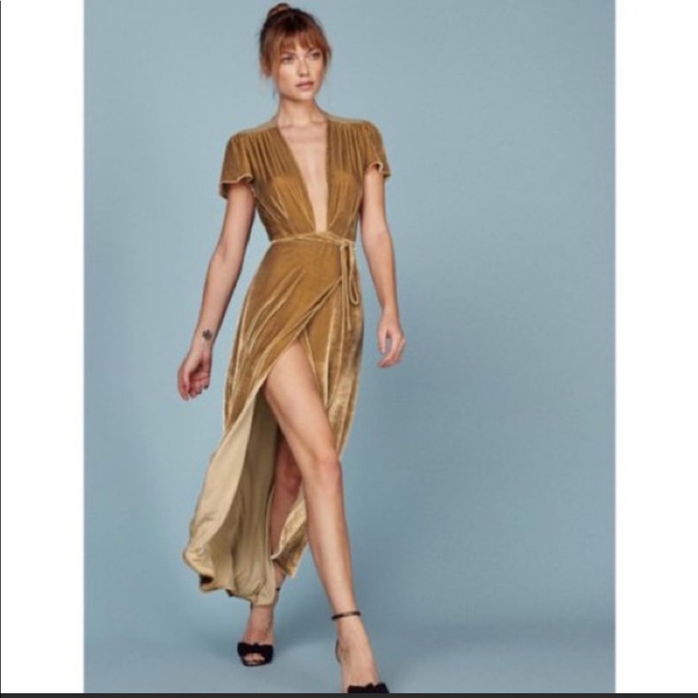 Reformation Gold Velvet Wrap Dress